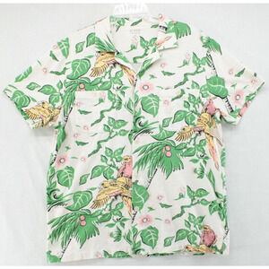 J. CREW Hawiian Shirt Men XL White Cotton Camp Collar Short Sleeve BQ063 Parrots